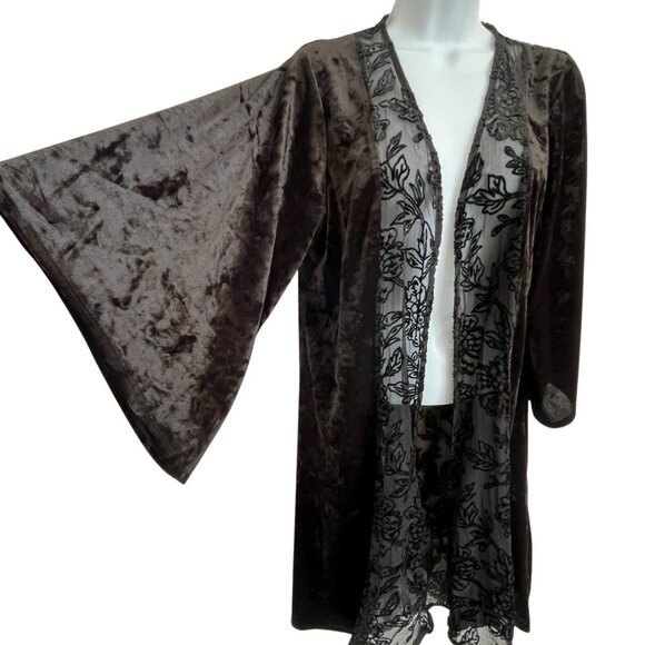 Knox Rose Black Burnout Velvet Kimono FLoral M/L Sheer Duster Boho Goth Witchy - Picture 1 of 13